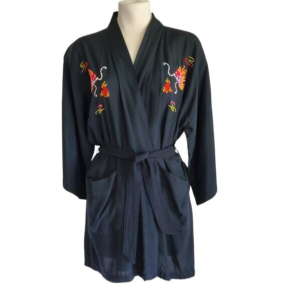 Vintage Dragon Embroidered Kimono Style Artsy Boho Robe Black Size S - Picture 5 of 13